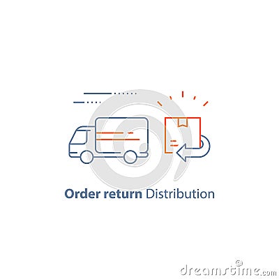 Send parcel, receive box, return back order, distribution services, fast delivery truck, logistics company, vector line icon Vector Illustration