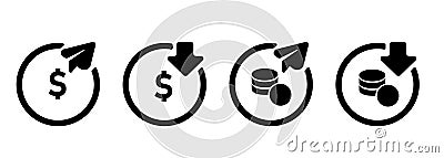 send receive transfer money icon coin dollar sign black flat paper plane arrow down Vector Illustration