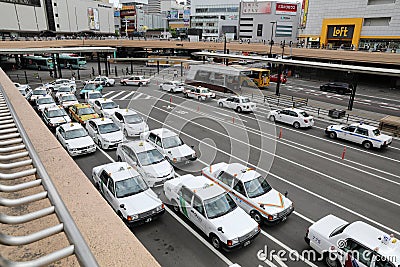 Row of taxis waiting for passenger at JR Sendai Station Editorial Stock Photo