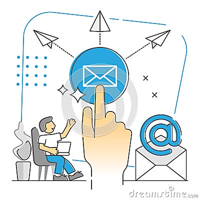 Sending e-mails as global widespread messaging monocolor outline concept Vector Illustration