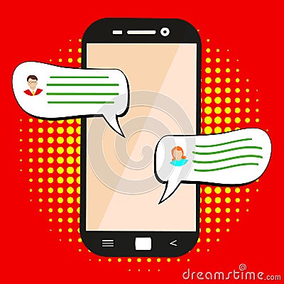 Sending message. Concept of a mobile chat or conversation of people via mobile phones. Flat cartoon illustration for web banners, Vector Illustration