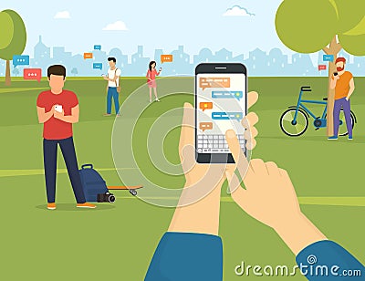 Sending message via messenger on smartphone Vector Illustration