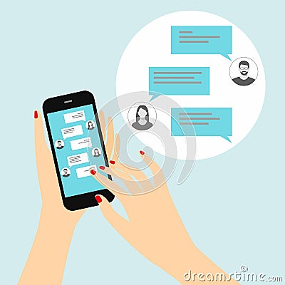 Sending messages to friends via instant messaging. Female hand holding a smartphone with a chat on the display Vector Illustration