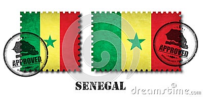 Senegal or senegalese flag pattern postage stamp with grunge old scratch texture and affix a seal on isolated background . Black c Vector Illustration