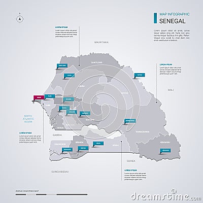 Senegal vector map with infographic elements, pointer marks Vector Illustration