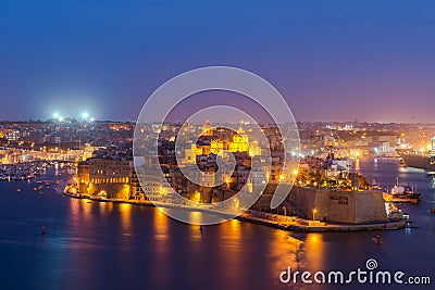 Senglea and Three Cities and Grand Harbor in Malta at night Stock Photo