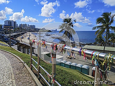 Senhor do Bonfim colorful ribbons tied in a grid at Barra Lighthouse Salvador Bahia Stock Photo