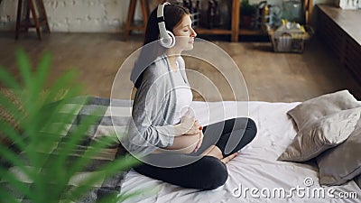 A senhora grávida bonita está afagando sua barriga que senta-se na cama no apartamento moderno e que escuta vestir da música video estoque A senhora grávida bonita está afagando sua barriga que senta-se na cama no apartamento moderno e que escuta vestir da música video estoque