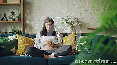 A senhora grávida bonita está sentando-se no sofá em casa, está olhando-se sua barriga e está acariciando-se a com amor para seu vídeos de arquivo A senhora grávida bonita está sentando-se no sofá em casa, está olhando-se sua barriga e está acariciando-se a com amor para seu vídeos de arquivo