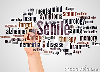 Senile word cloud and hand with marker concept Stock Photo