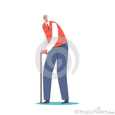 Senility, Old Ages Concept. Senior Man, Aged Grandfather Moving with Help of Walking Cane. Elderly Grey Haired Character Vector Illustration