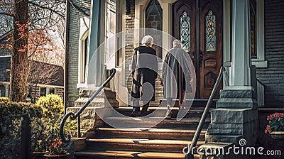 Senior Adult Couple Arriving At A Neighborhood Church for Services - Generative AI Stock Photo