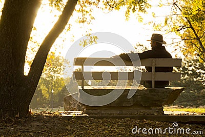 Senior Adult Male Sits Thoughtfully On Park Bench Stock Photo