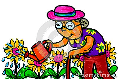 Senior Woman Gardener Watering Flowers Stock Photo