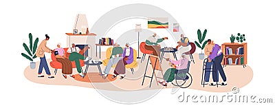 Senior aged people living in nursing home. Caregivers caring about old men and women. Elederly resting in social center Vector Illustration