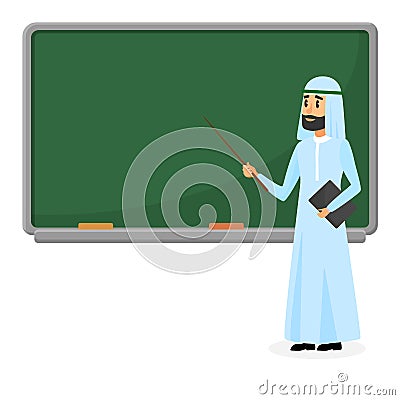 Senior Arab teacher, muslim professor standing near blackboard in classroom at school, college or university. Flat Vector Illustration