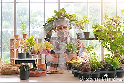 Senior asian retirement old man doing a hobby relax in gardening and water spraying tree plant in garden farm Stock Photo