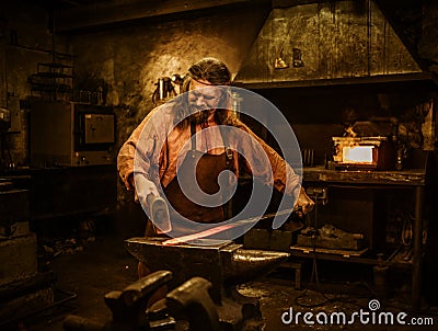 Senior blacksmith forging the molten metal on the anvil in smithy Stock Photo