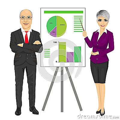 Senior business man with arms folded and young woman making presentation with graphs on board Vector Illustration