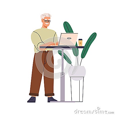 Senior business man works at laptop computer. Old employee, elderly office worker standing at adjustable desk, workplace Vector Illustration