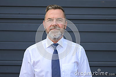 Senior businessman posing in front of a grey wall Stock Photo