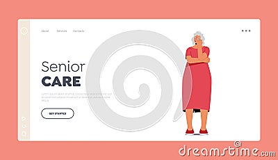 Senior Care Landing Page Template. Grandmother Character Trying to Remember Something, Old Woman Suffer of Alzheimer Vector Illustration