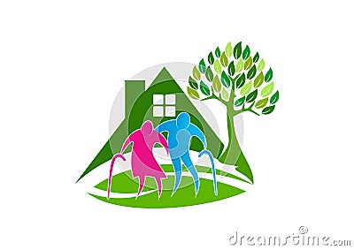 Senior care logo, elder people symbol icon, healthy nursing home concept design Vector Illustration