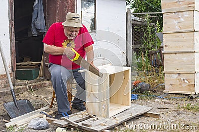 Senior carpenter making beehive Stock Photo