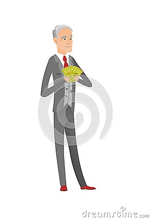 Senior caucasian businessman holding money. Vector Illustration