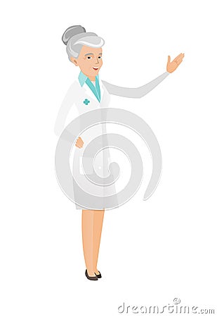 Senior caucasian doctor with outstretched hand. Vector Illustration