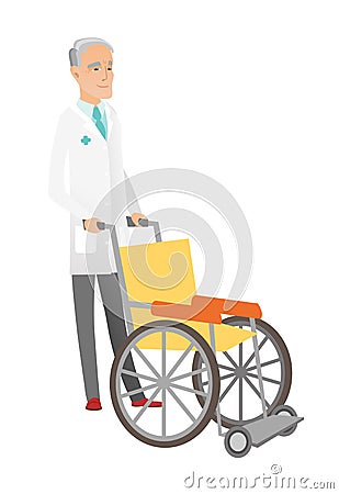 Senior caucasian doctor pushing wheelchair. Vector Illustration