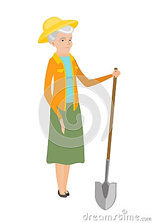 Senior caucasian farmer holding a shovel. Vector Illustration