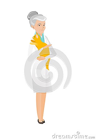 Senior caucasian veterinarian with cat in hands. Vector Illustration