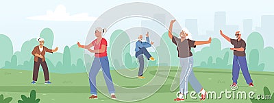 Seniors Exercising Outdoors Making Tai Chi for Healthy Body, Flexibility and Wellness. Pensioners Morning Workout Vector Illustration