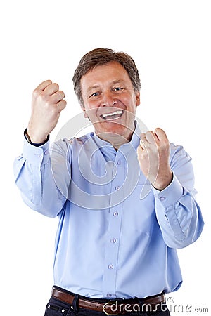 Senior cheering happy with clenched fists Stock Photo
