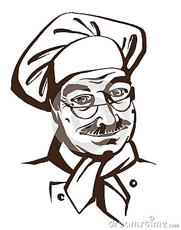 Senior chef wearing hat and uniform. Hand drawing logo Cartoon Illustration