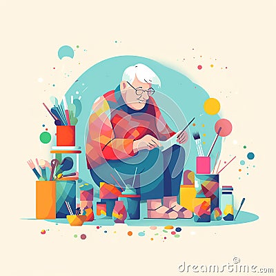 Senior citizen engaged in a hobby or craft like painting, knitting, or gardening Cartoon Illustration