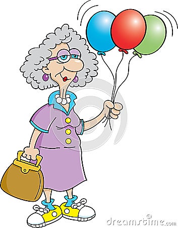 Senior citizen lady holding balloons Vector Illustration