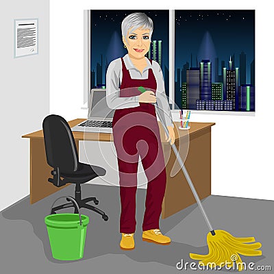 Senior cleaning woman mopping floor in office Vector Illustration