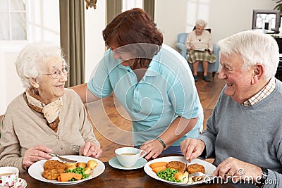 Senior Couple Being Served Meal By Carer Stock Photo