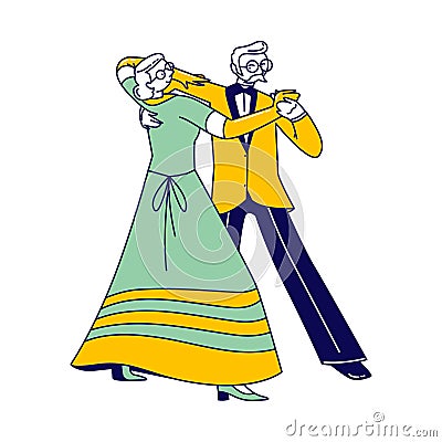 Senior Couple Characters Dancing Waltz or Tango Sparetime. Elderly People Active Lifestyle Vector Illustration
