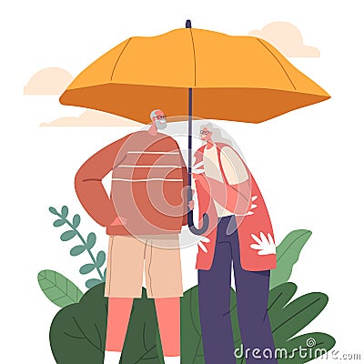 Senior Couple Characters Stand Under Umbrella, Symbolizing Family Protection. Love And Support Depicted In Their Embrace Vector Illustration