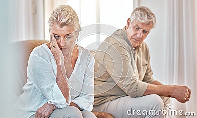 Senior couple, divorce and headache in fight, conflict or argument on the living room sofa at home. Elderly man and Stock Photo