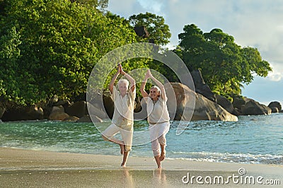Senior couple doing yoga exercising Stock Photo