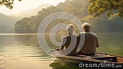 senior couple enjoying a boat ride on the lake Stock Photo