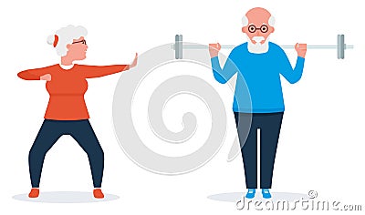 Senior couple exercise together. Vector illustration in cartoon Vector Illustration