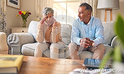 Senior couple, fight and divorce in stress, conflict or argument from disagreement on living room sofa at home. Elderly Stock Photo