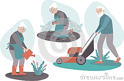 Senior People Planting seedlings, Harvesting, watering flowers, cutting the grass Vector Illustration