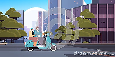 senior couple in helmets driving scooter grandparents traveling on moped active old age concept Vector Illustration