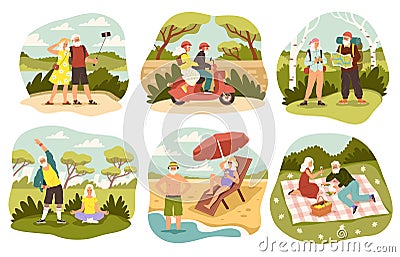 Senior couple leisure time. Elderly man and woman enjoyment, joint activities and hobbies, outdoors walking, picnic in Vector Illustration